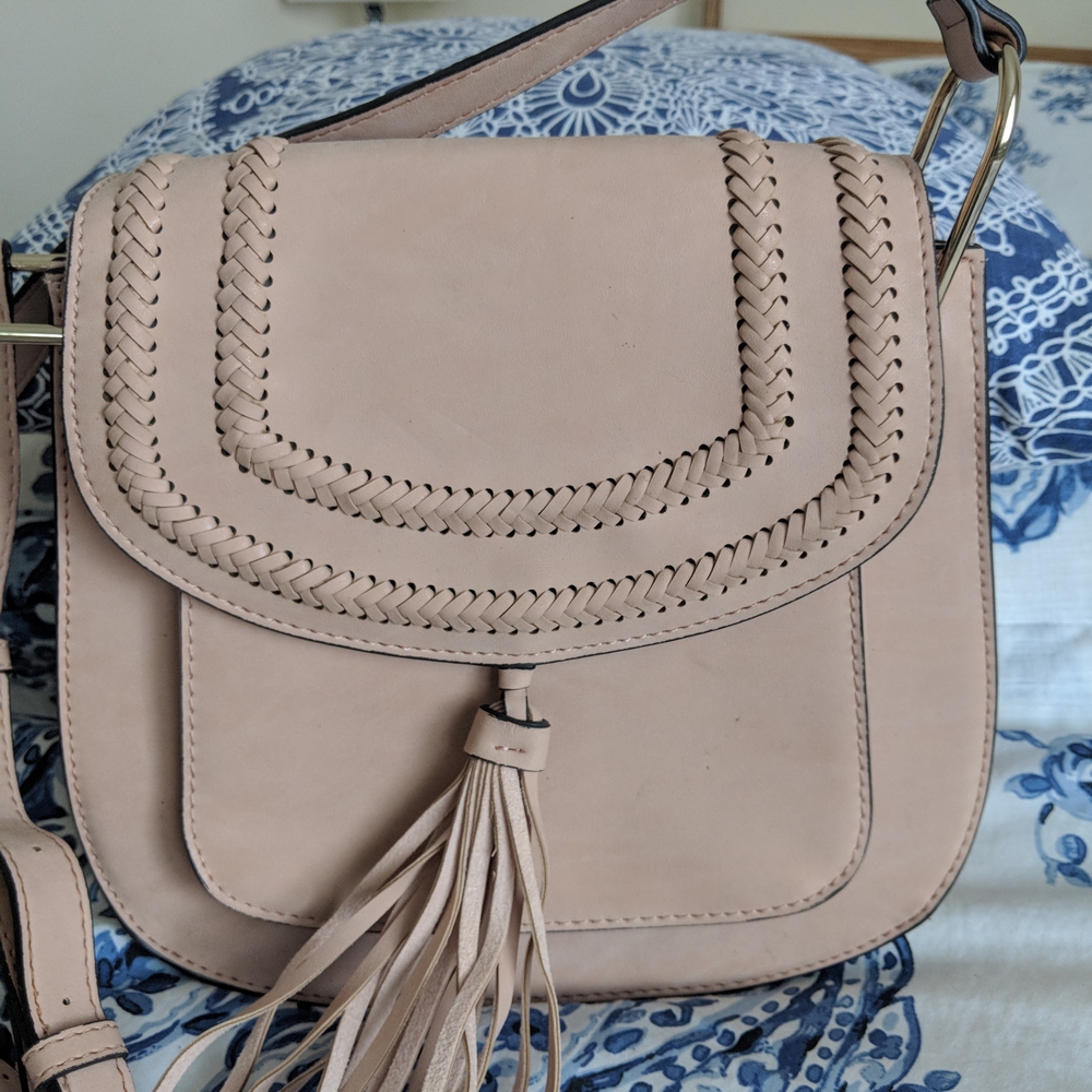 Franco Sarto Blush Faux Leather Crossbody Bag With Tassel.